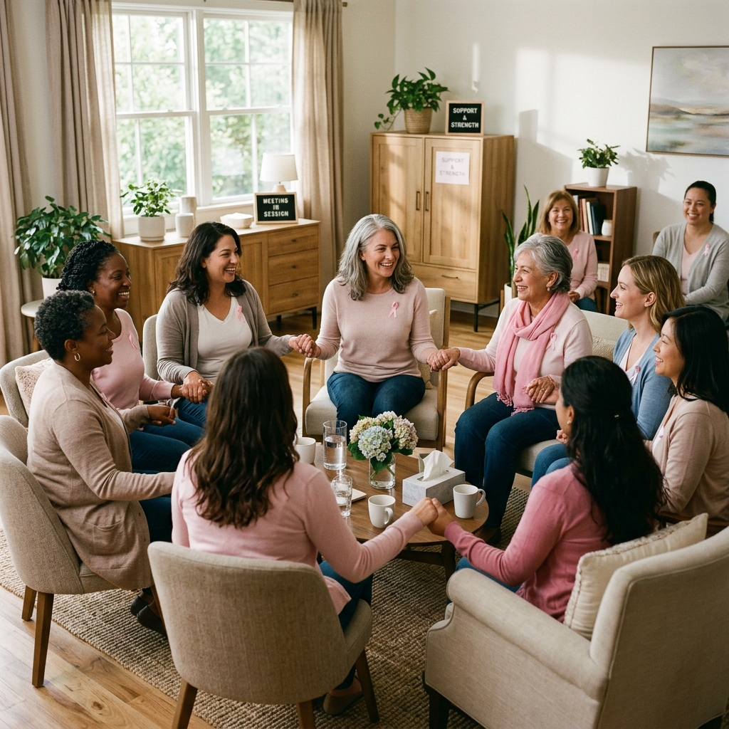 Breast cancer support group holding hands